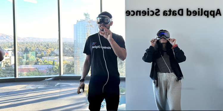 students with vr devices with applied data science sign in background