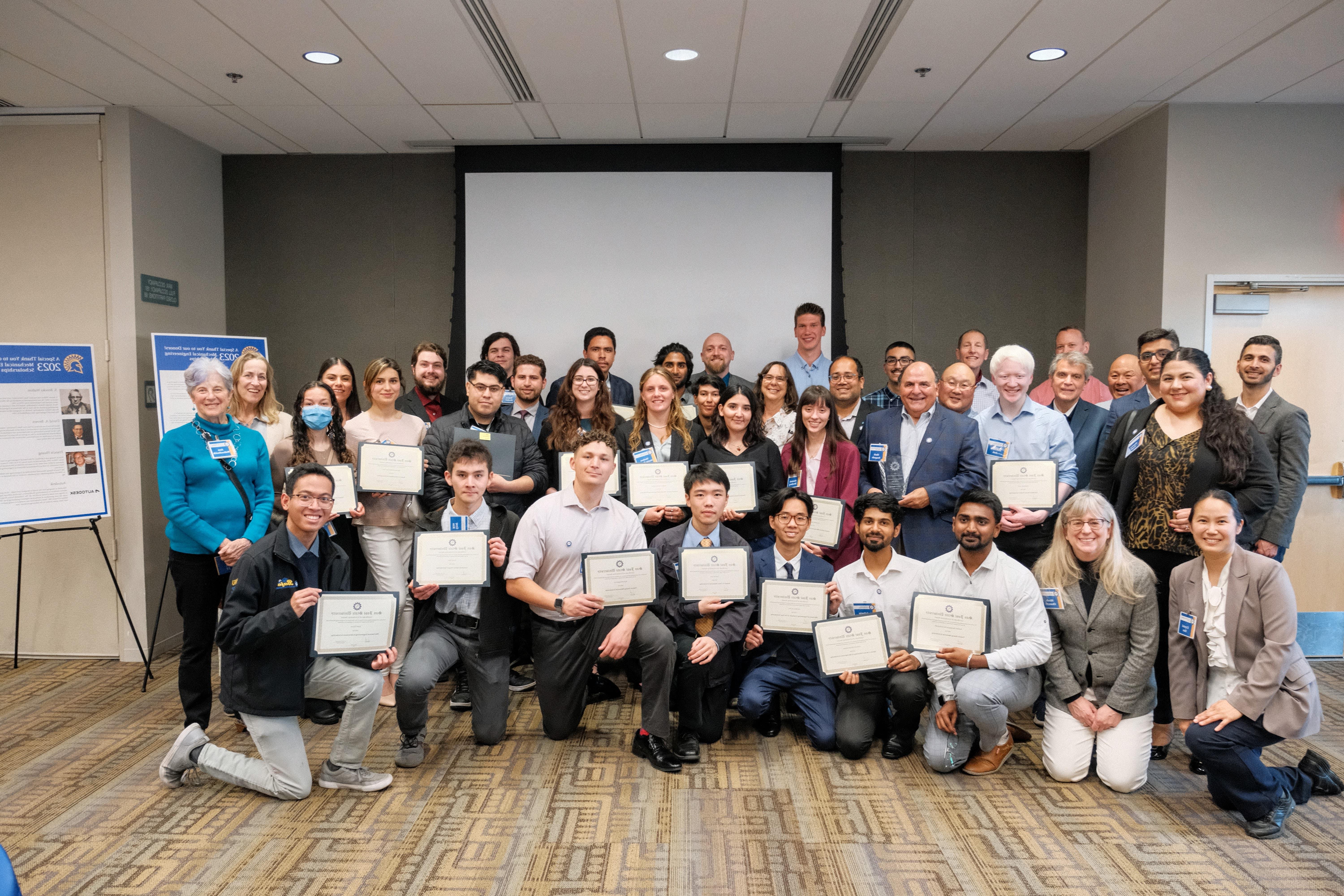 a group photo of the ME Department Scholarship recipients and ME Faculty