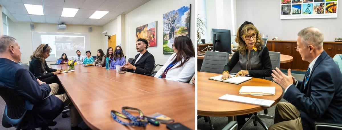 The president speaking with the College of Graduate Studies Dean and students.