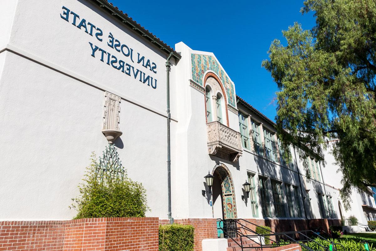 Washington Square building with wall signage that says San Jose State University.