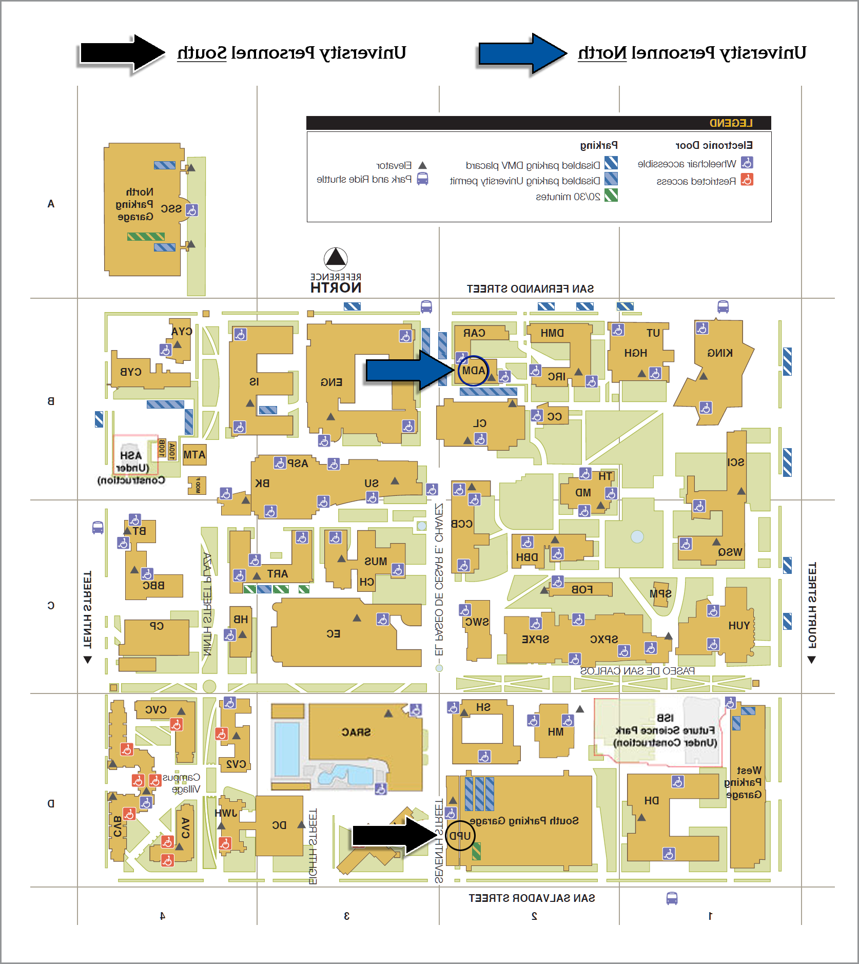 A map containing the location of University Personnel North and University Personnel South